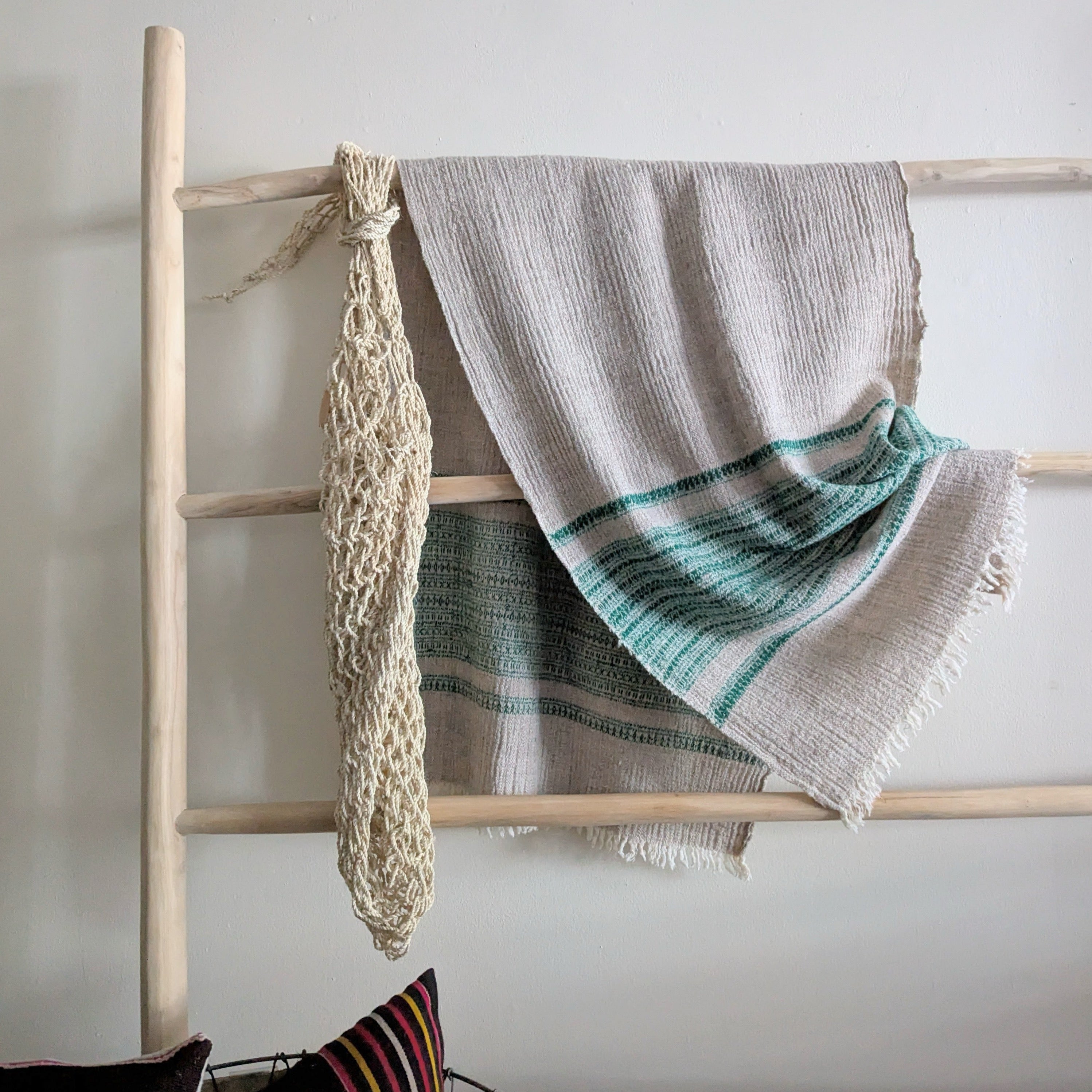 Wool Khadi Throw - Emerald and Oatmeal